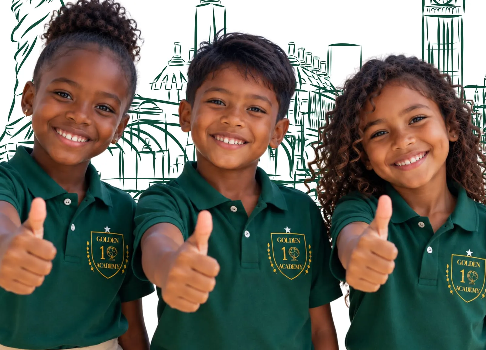 Trois élèves en polo vert Golden 10 Academy, souriants, le pouce levé